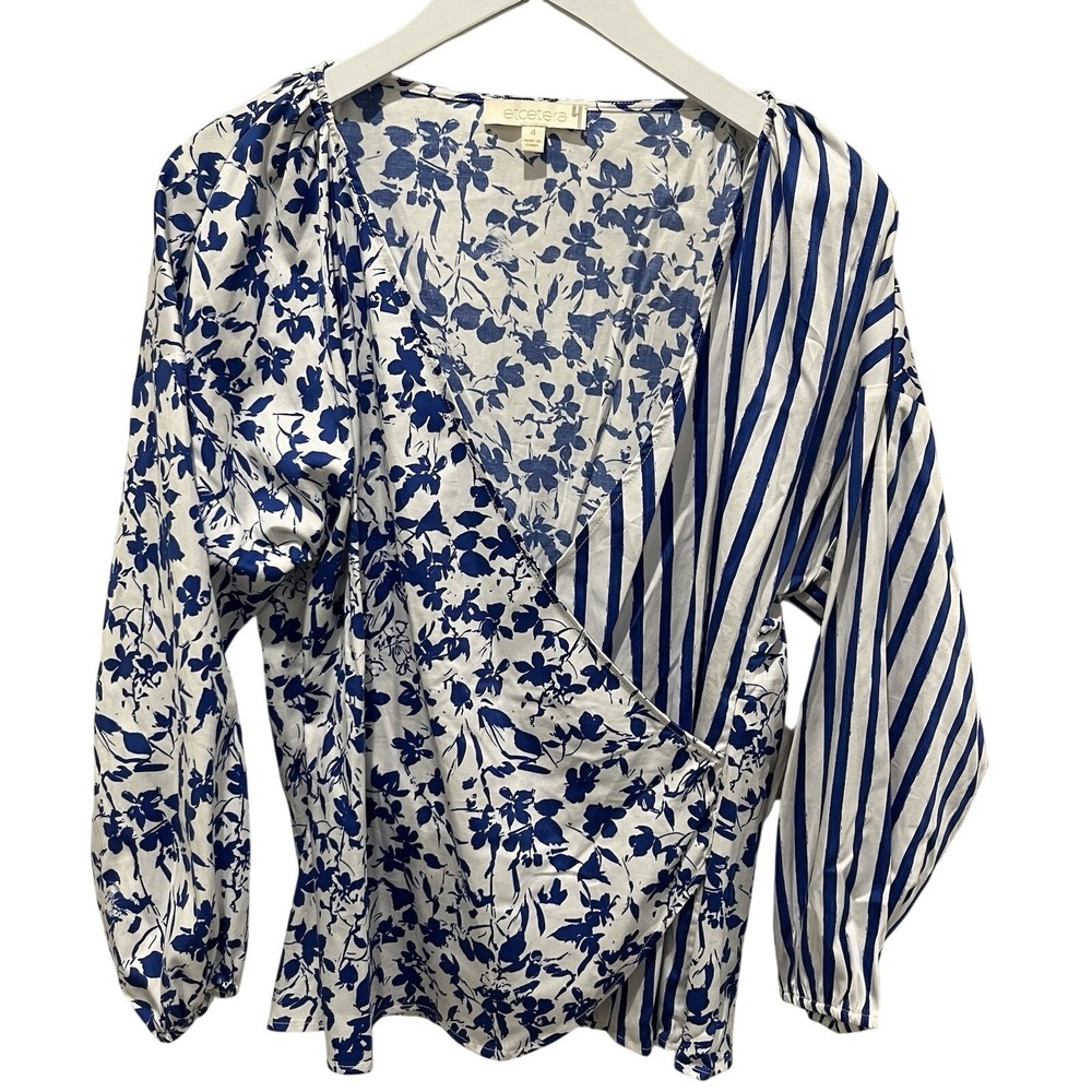 New Etcetera Top‎ Womens Sz 4 Mixed Wrap Pullover Blouse Floral Stripes Dolman - Picture 2 of 9